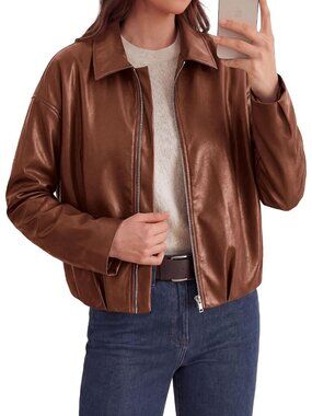 Women's Red Brown Faux Leather Motorcycle Jacket Cropped Zip Up Collared Coat